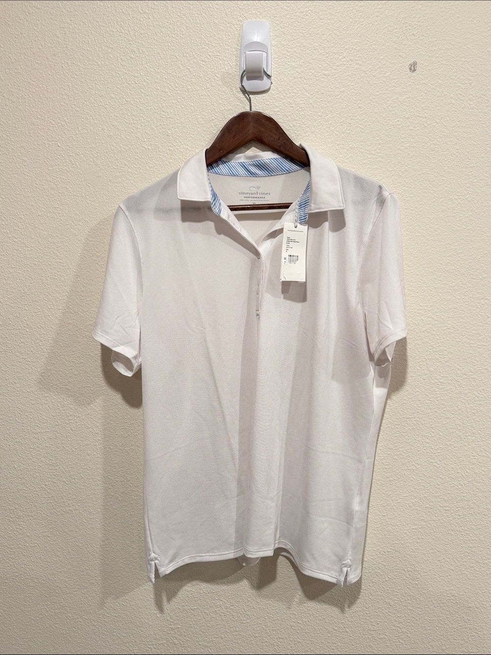 Vineyard Vines White Polo with Blue-Striped Collar Trim